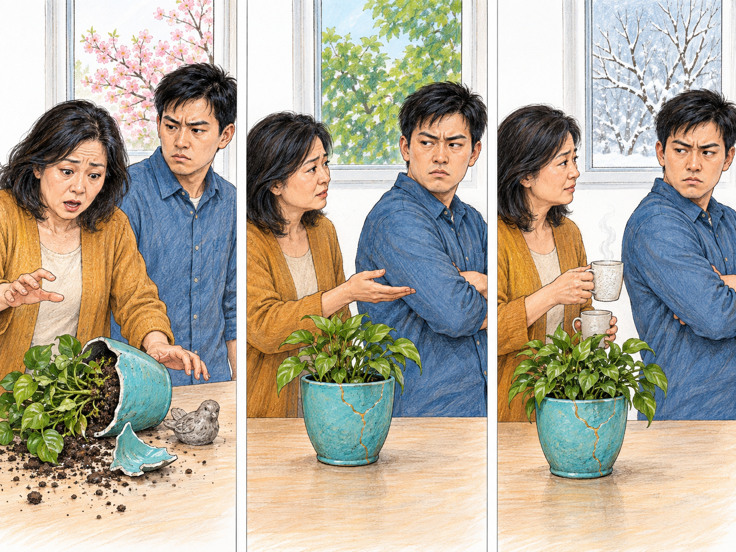 A compact three-moment sequence shows a man maintaining resentment toward a woman who broke his cherished plant pot, rejecting her friendly gestures after the pot has been repaired and seasons have changed.