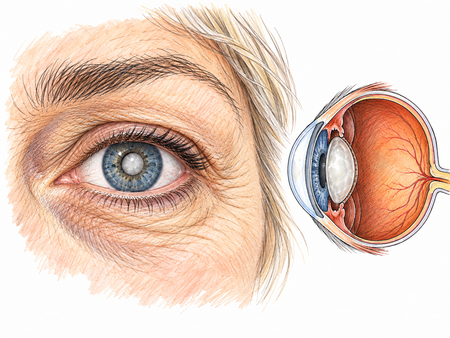 A close-up of an eye with a cataract, paired with a small, unlabeled anatomical cutaway showing that the cloudy structure is the lens behind the clear cornea, not the eye surface.