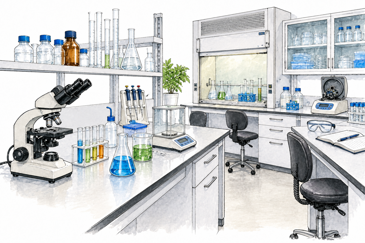 Clean equipped scientific laboratory with microscope glassware balance and orderly workstations.