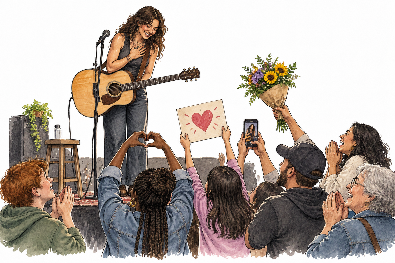 Fans warmly admire a fictional accomplished musician on a modest stage, modern admired person.