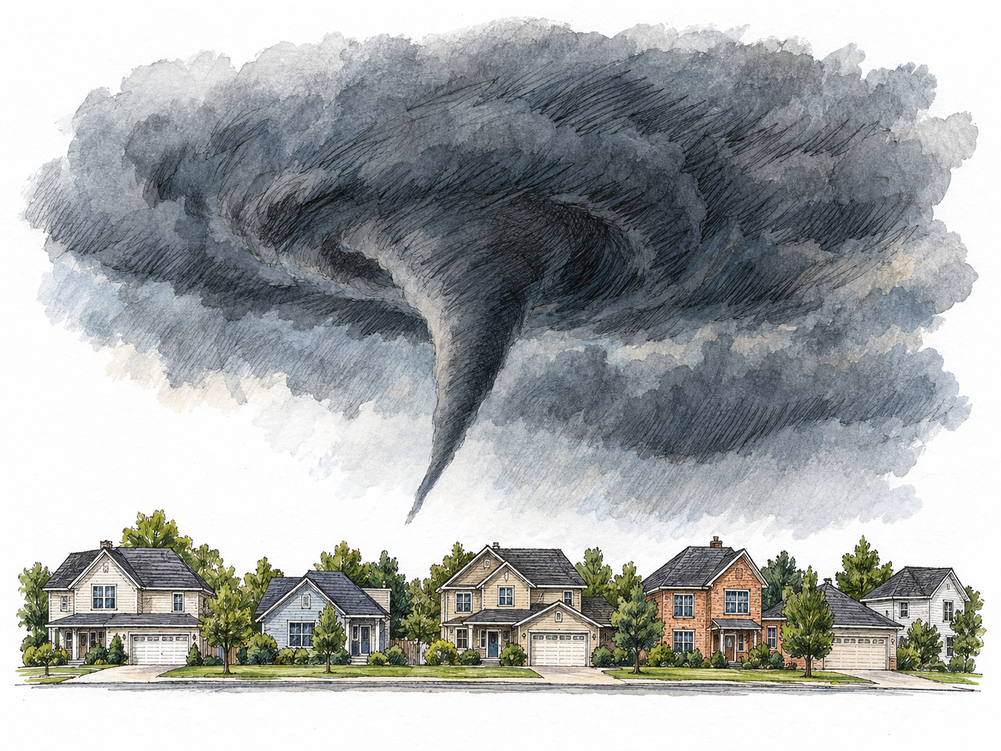An ominous funnel cloud begins descending from a storm above a small, still-undamaged town: a visible warning of a potentially momentous disaster, not its aftermath.