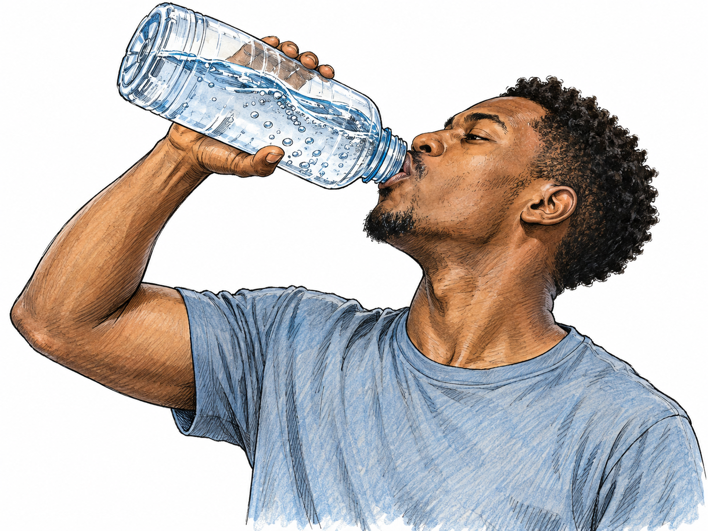 A young adult man rapidly drains a large clear water bottle, head tilted back and bottle raised steeply, with a substantial stream of water entering his mouth and visible gulping tension in his throat.