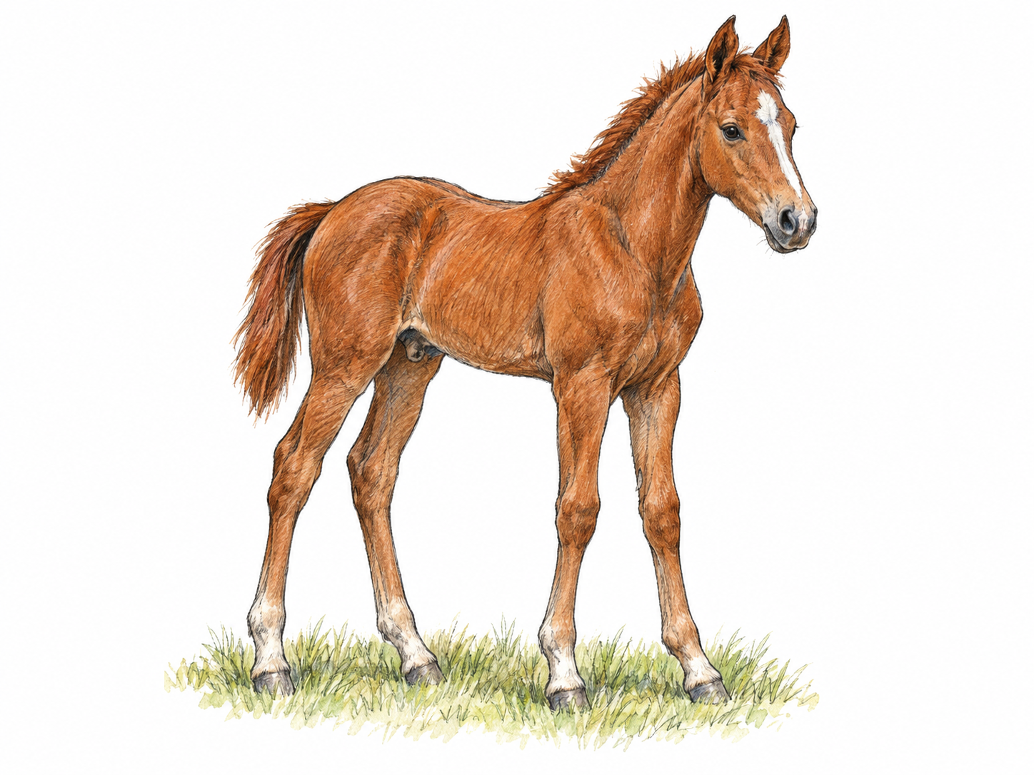A single young male horse standing in three-quarter side view, with long slender legs, a youthful build, and a short mane, on a small patch of pasture.