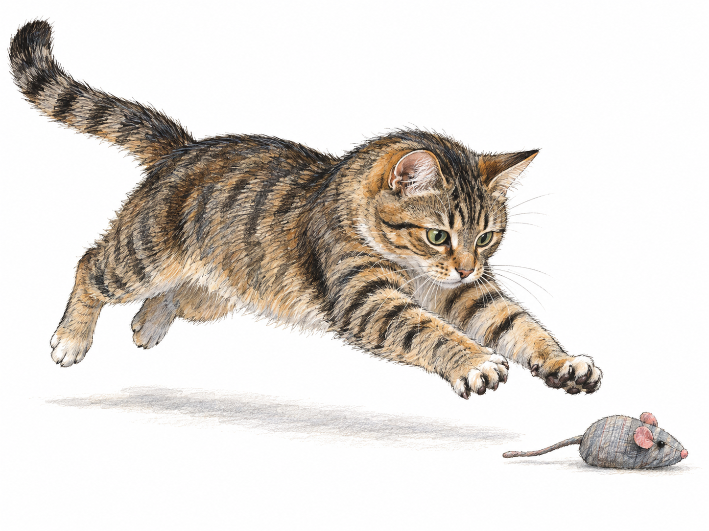 A domestic cat springs suddenly toward a small toy mouse, forepaws reaching to seize it.