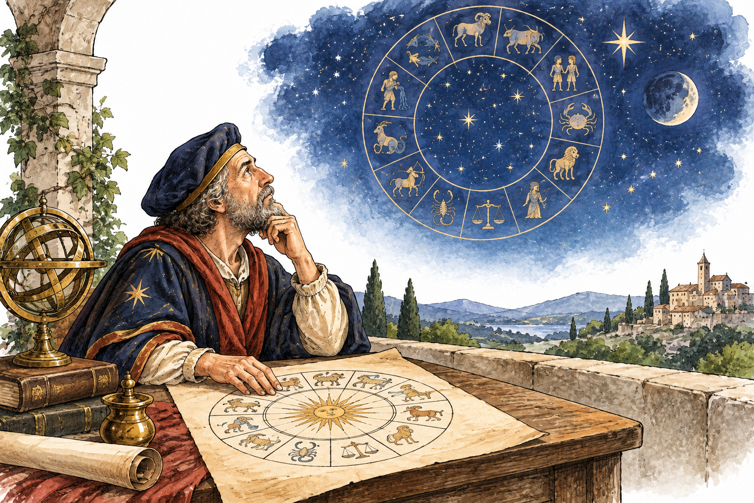 An astrologer examines a circular zodiac chart and looks at a stylized celestial sky, symbolic astrology scene, no forecasts or words, no scientific claim.