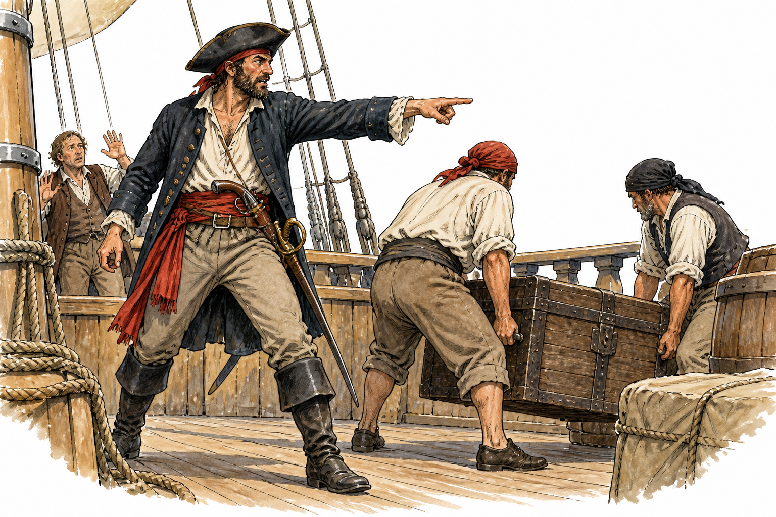 A sea robber on the deck of an eighteenth-century sailing vessel directing seizure of a merchant cargo chest, practical period sailor clothing, no fantasy costume or lettering.