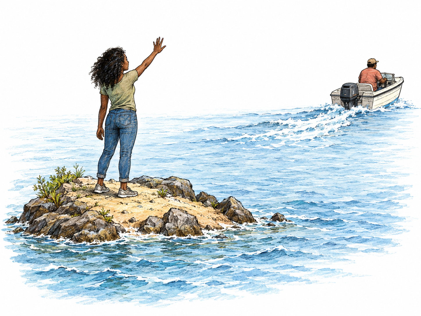 A stranded woman stands on a tiny isolated islet and signals toward a departing motorboat, whose driver continues away, leaving her with no means to cross the surrounding water.
