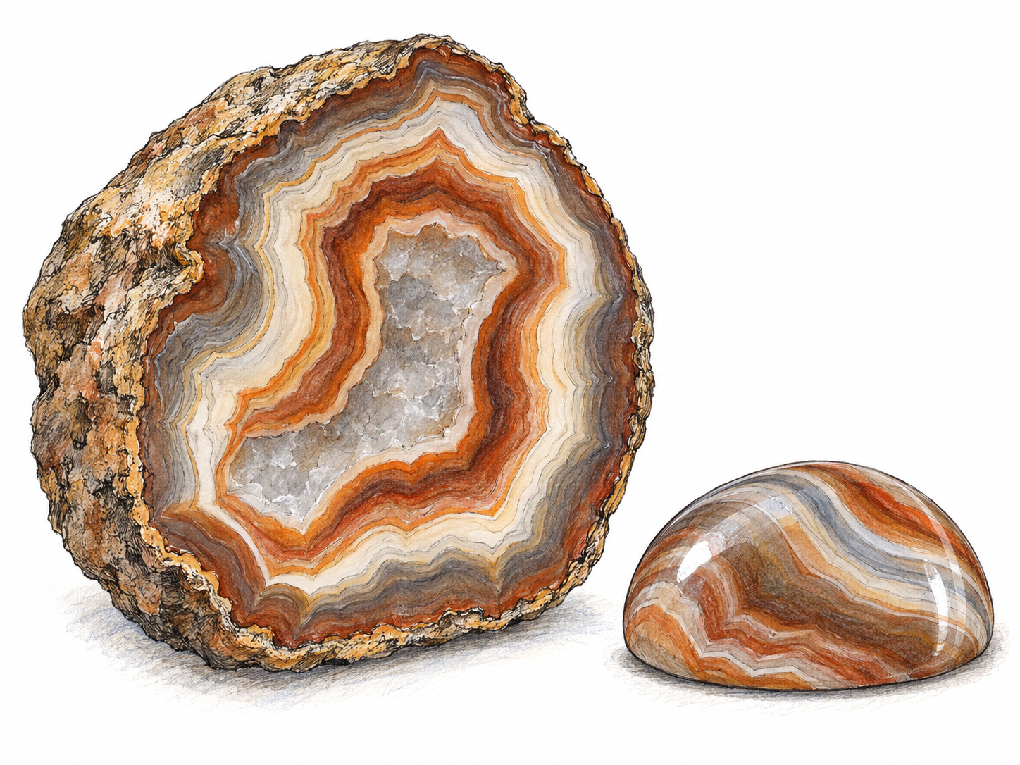 A cut and polished agate nodule with clearly visible concentric, wavy mineral bands, beside a small polished agate cabochon that shows its gemstone use.