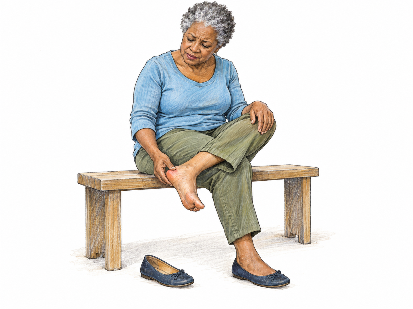 An older woman seated beside her removed shoe gently rubs a mildly reddened heel, showing a restrained wince rather than severe pain.