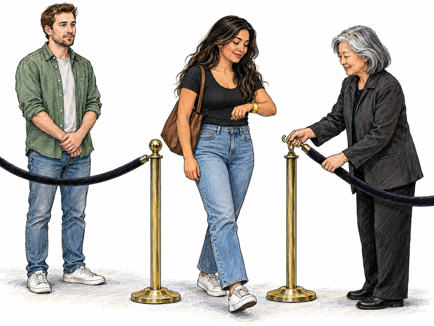 A woman with a distinctive gold wristband is admitted through a roped-off entrance while an unbanded visitor must remain outside, making her special access privilege visible.