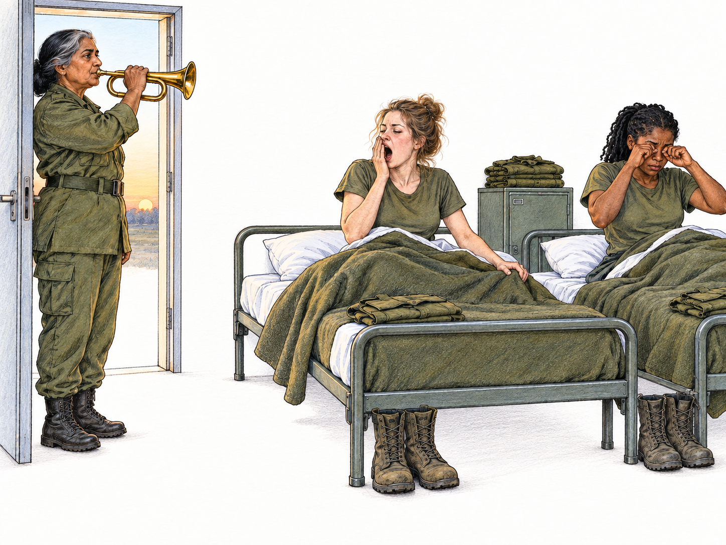 At daybreak in a modern military barracks, a uniformed bugler plays beside an open doorway while two soldiers visibly wake in their bunks.