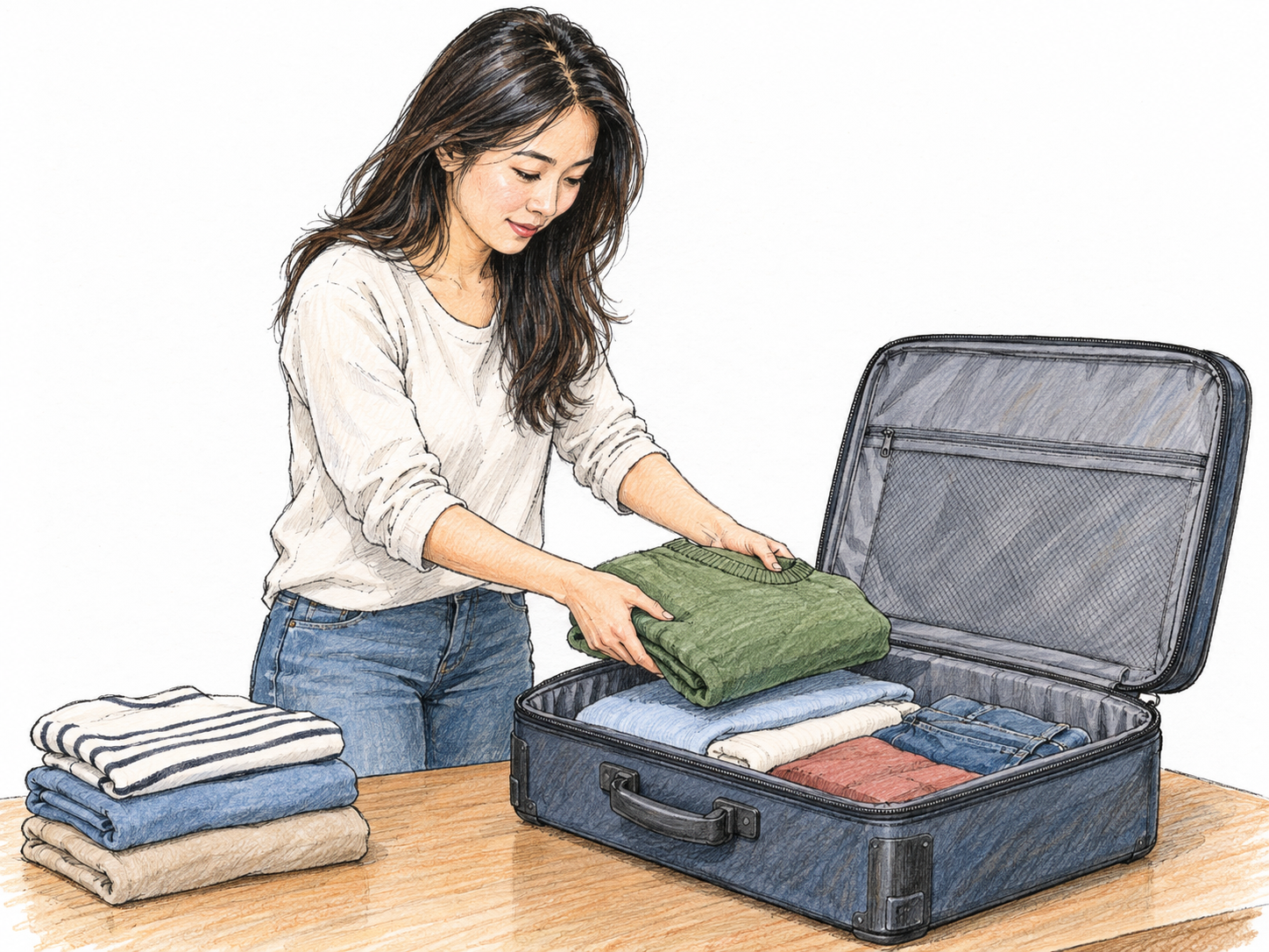 A woman lowers a neatly folded sweater into an open suitcase already partly filled with folded clothes; a small stack beside it visibly awaits packing.