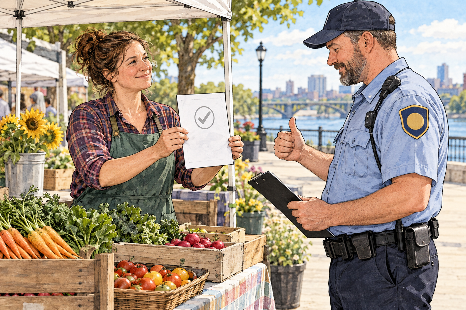 A permitted street vendor shows a plain stamped permit with a checkmark to a municipal inspector who nods, lawful status, no prose.