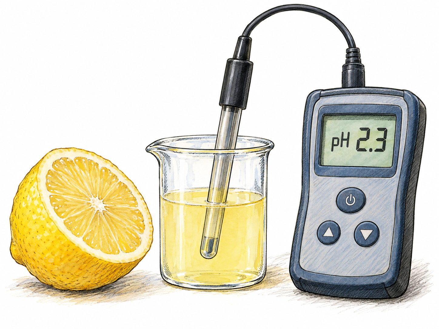 A digital pH probe immersed in lemon juice reads pH 2.3, making acidity visible as a measured chemical property rather than merely depicting sour fruit.