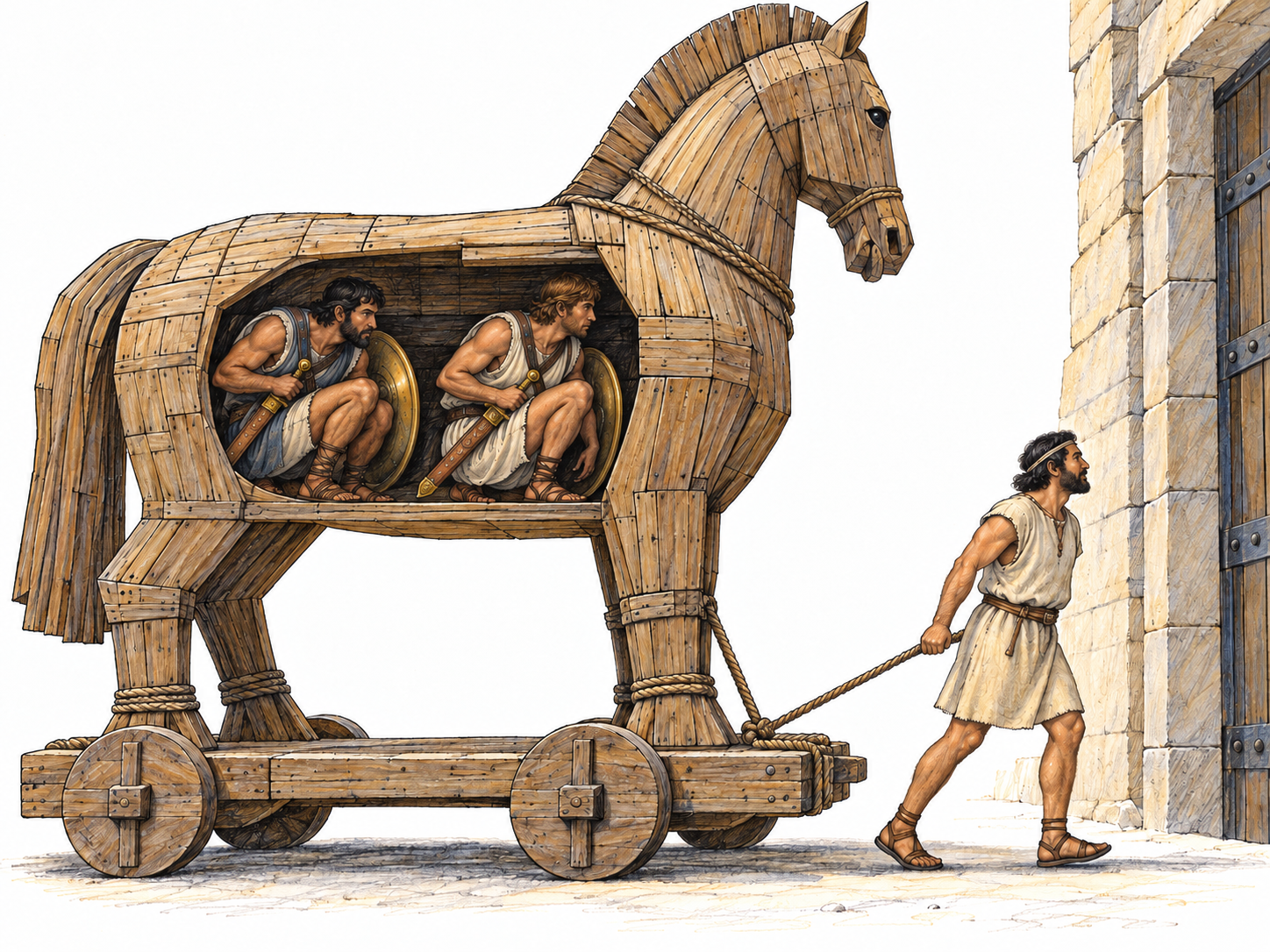 A wooden Trojan horse is pulled toward a city gate while a cutaway reveals armed men concealed inside: an apparently harmless offering hides an attack.