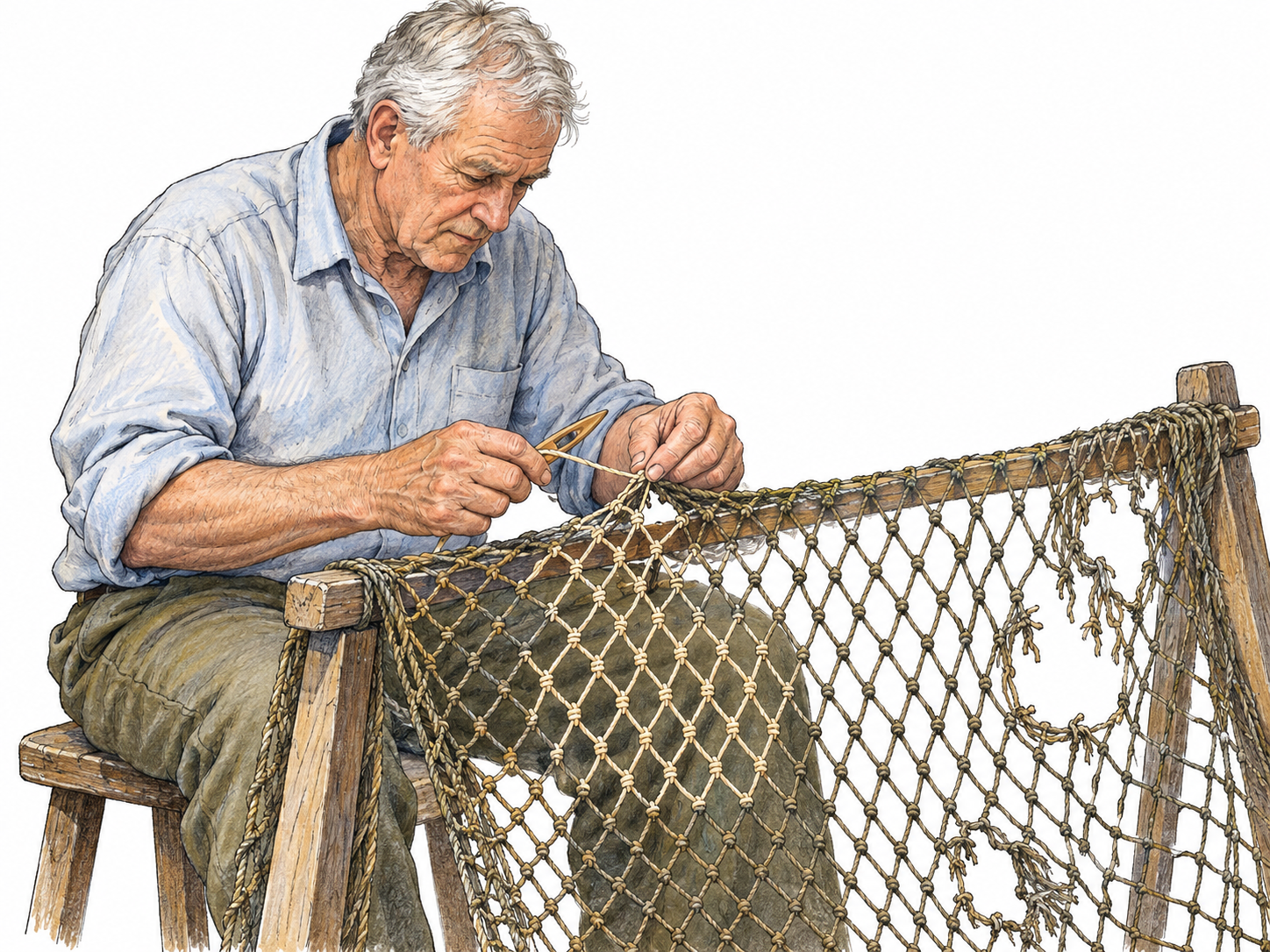 An older man meticulously repairs a large torn fishing net, with a substantial section of neat completed repairs beside the remaining holes.
