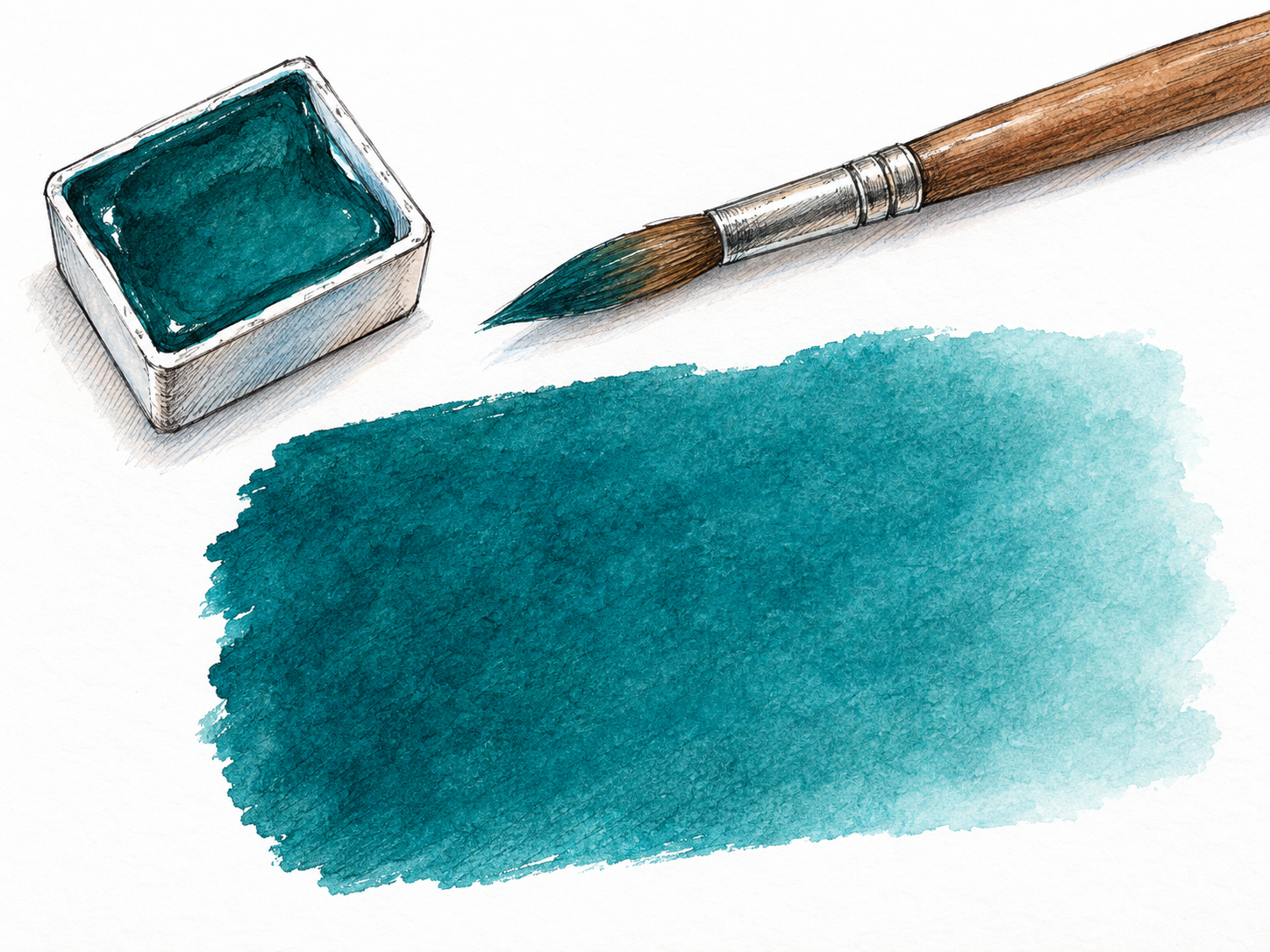 An open watercolor pan filled with unmistakably greenish-blue teal pigment, beside a broad freshly painted teal brushstroke on white paper.