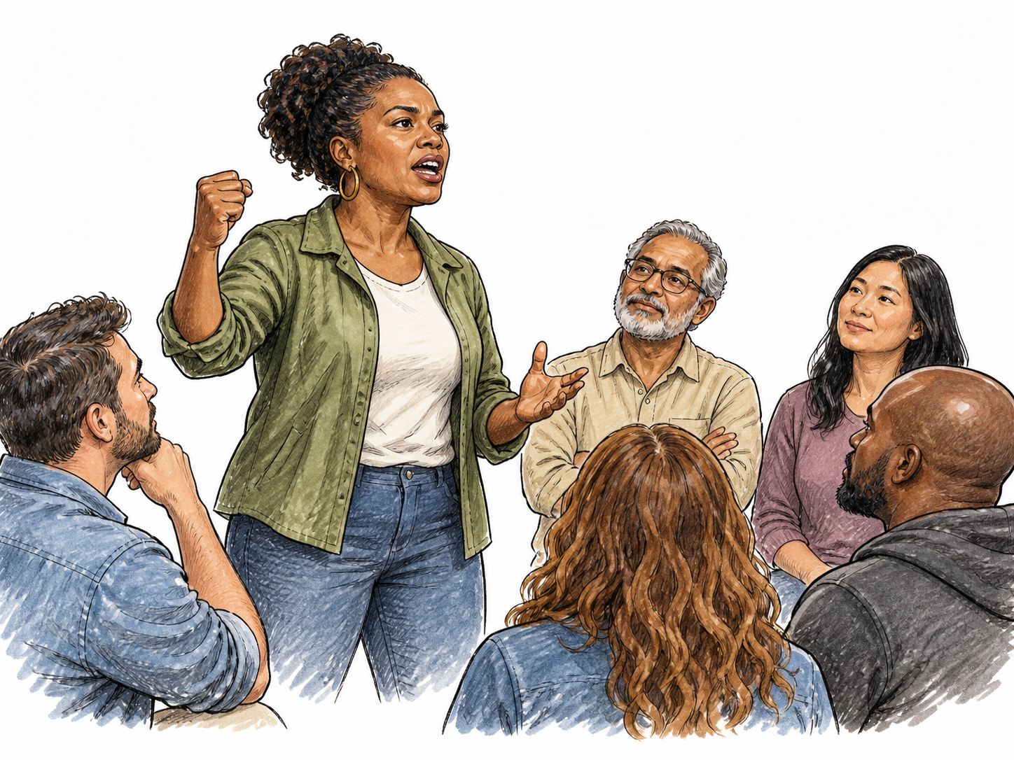 An impassioned civic campaigner speaks forcefully with clenched fist at a small peaceful rally, fellow advocates listening; assertive activism without weapons, flags, writing or slogans.