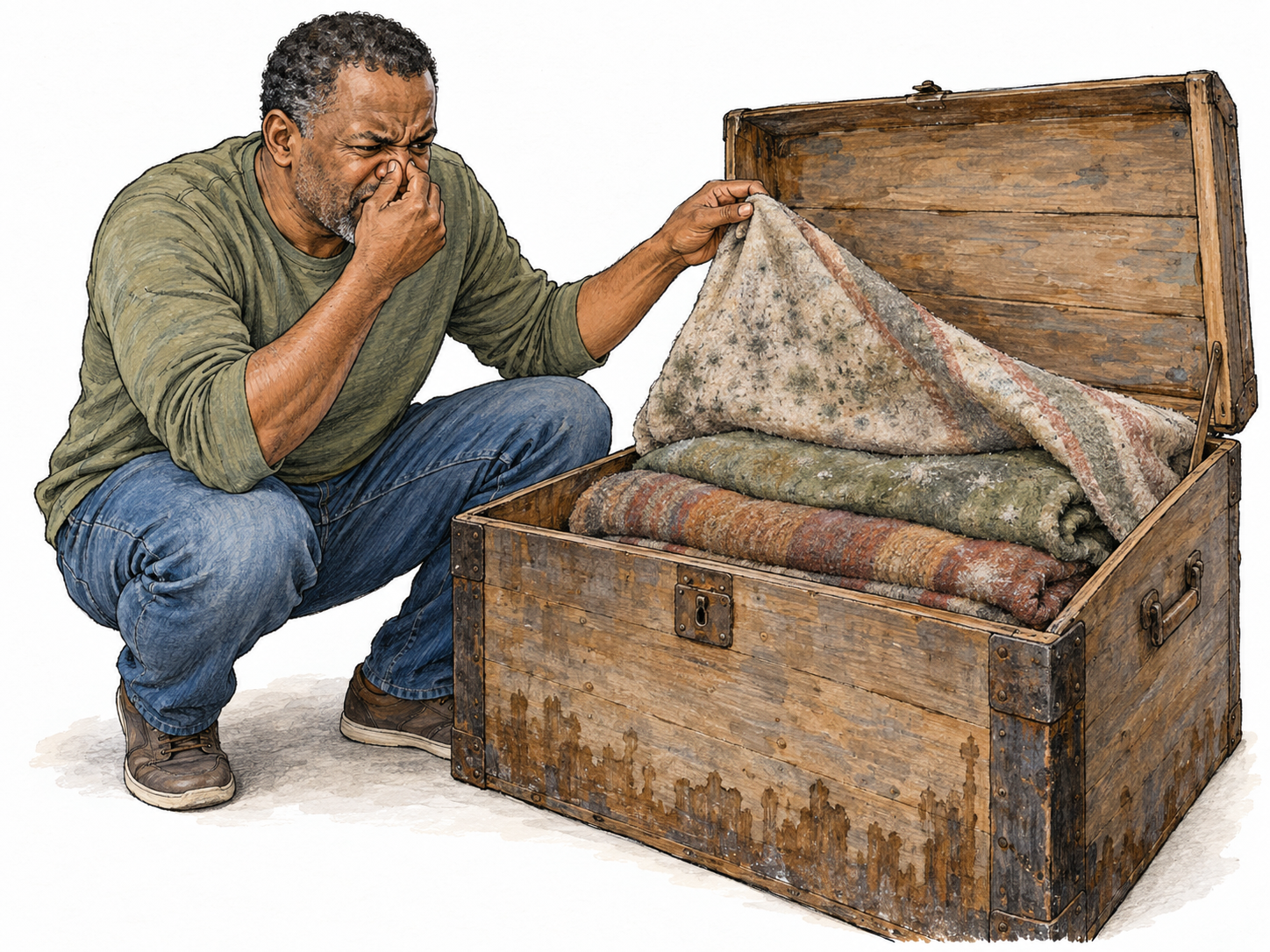 A man recoils from the stale smell of damp, long-stored wool blankets in an open old wooden trunk, holding one blanket near his face while pinching his nose.