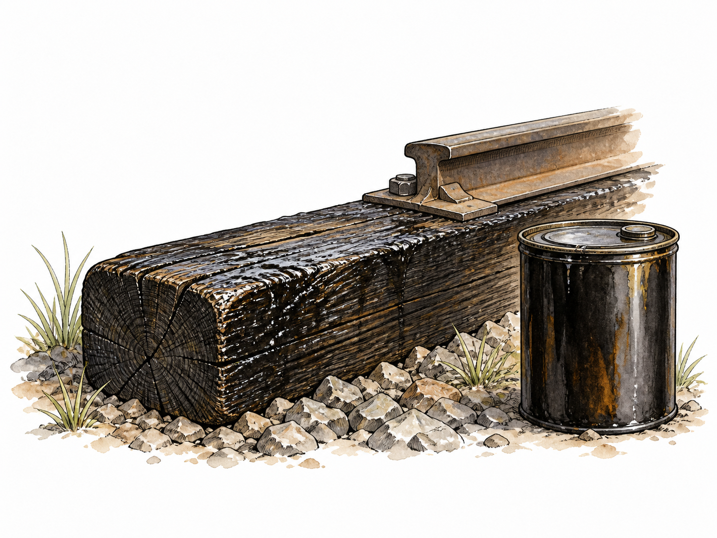 A dark treated wooden railway tie beside a sealed plain container, thick tar-like preservative sheen, no handling.