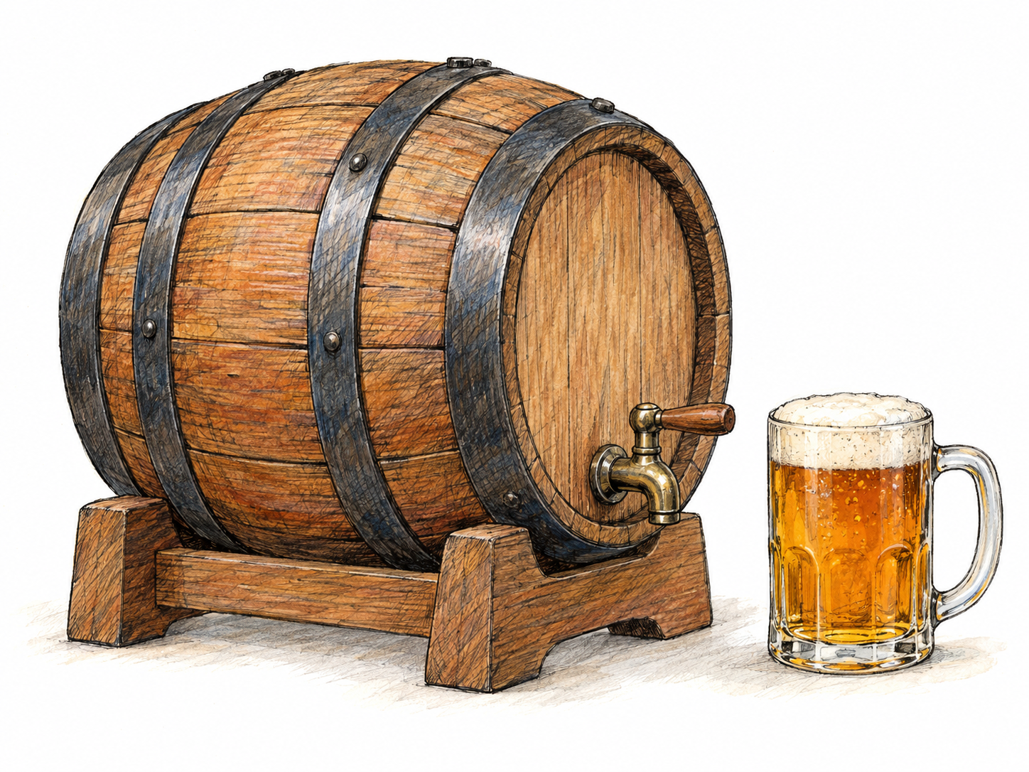 A small wooden beer keg resting horizontally on a simple cradle, with a fitted tap and one ordinary beer mug beside it to establish its compact size and use.