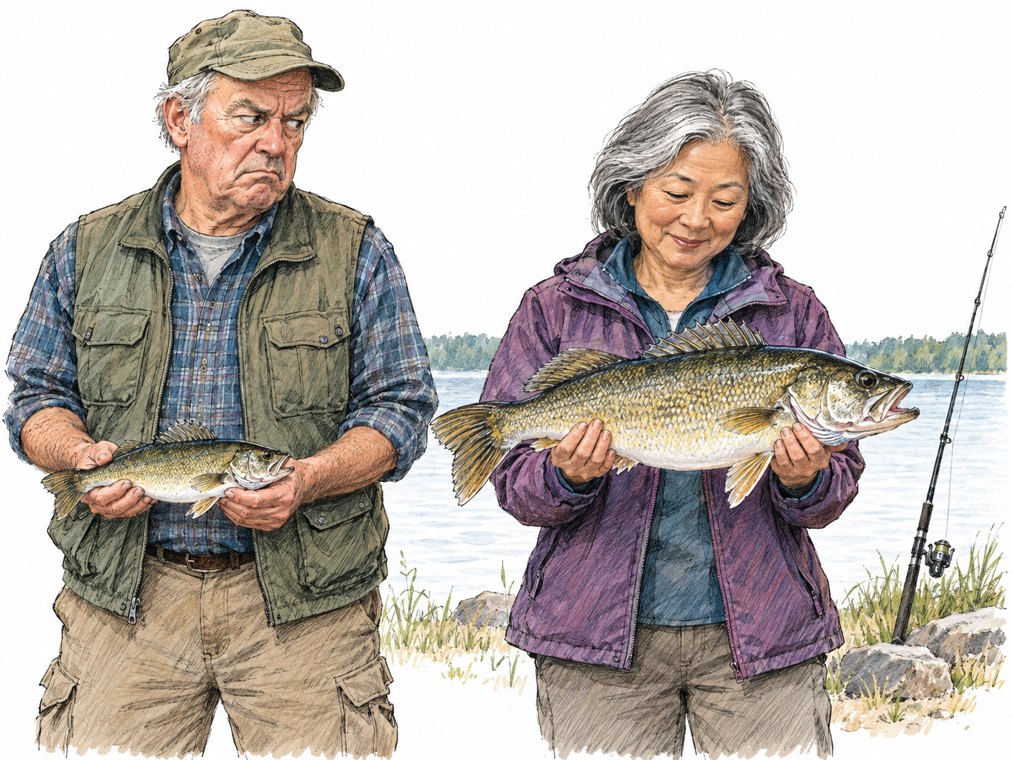 An older man holding a small, plain fish casts a resentful sideways stare at the much larger fish proudly held by the woman fishing beside him.
