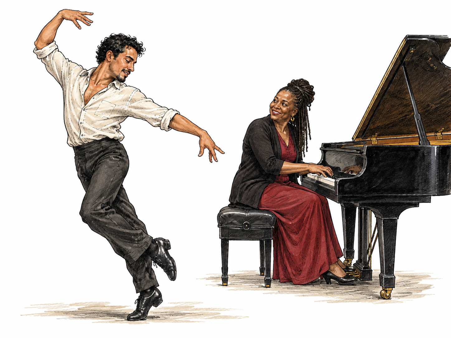 An adult dancer moves gracefully to a nearby pianist's playing, harmony between sound and movement in a plain studio, no text.