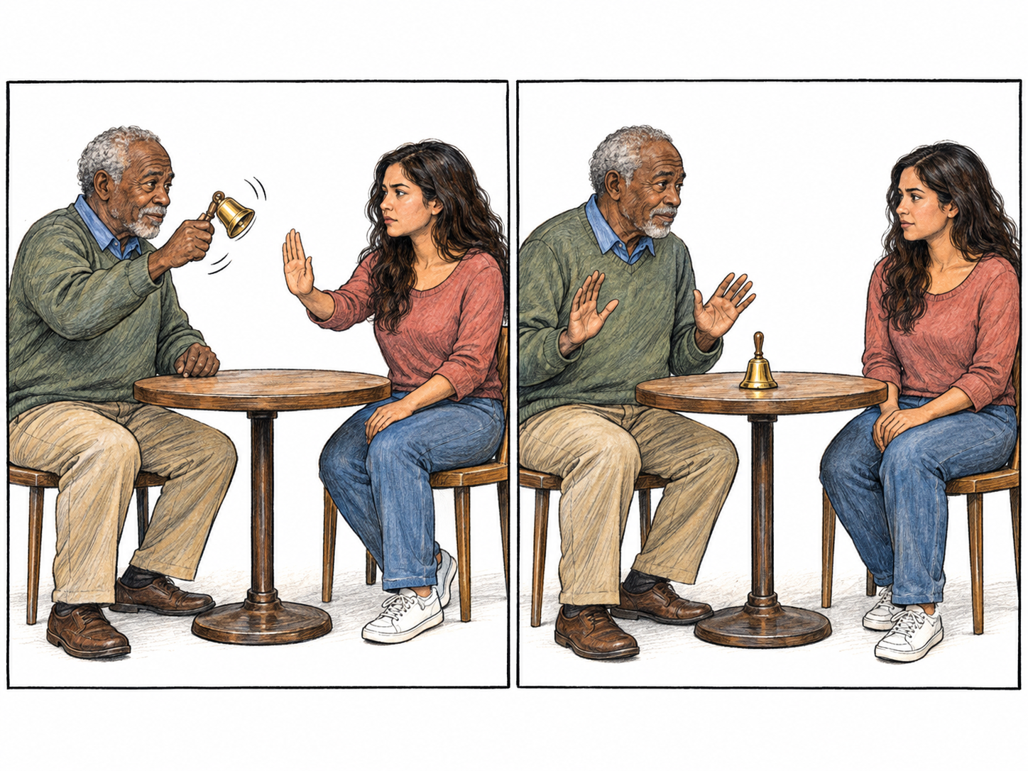 A two-panel sequence shows a man ringing a handbell, then setting it down and withdrawing his hands when a woman asks him to stop.
