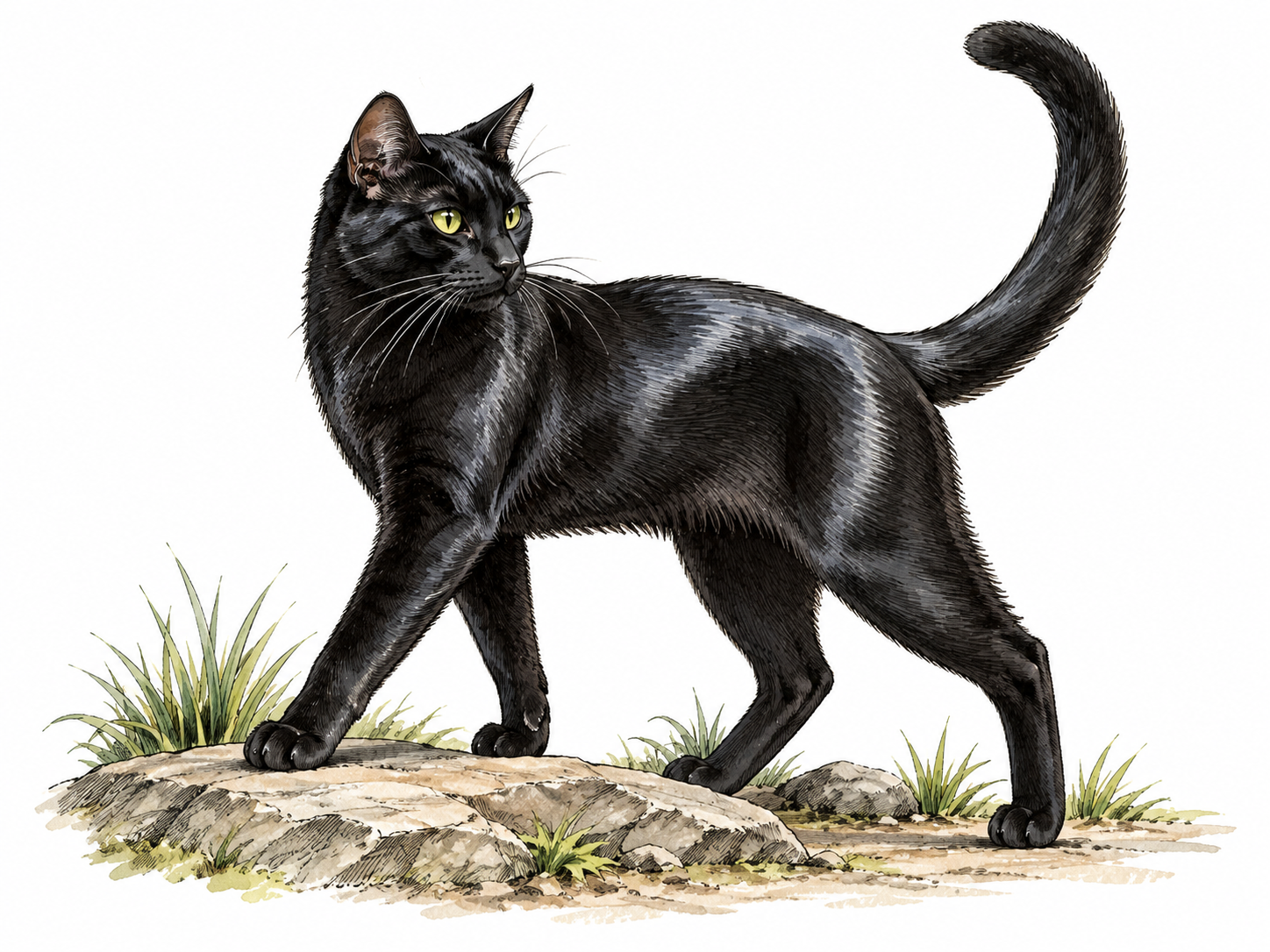 Sleek black cat with lustrous smooth coat, elegant natural posture.