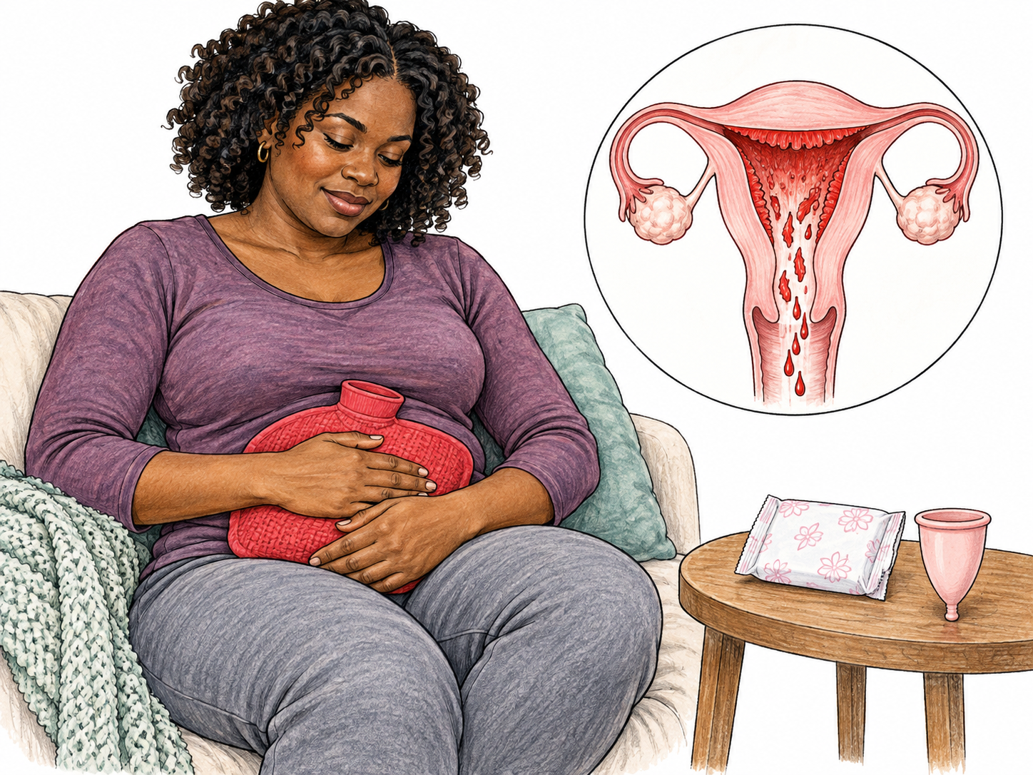 A seated woman calmly holds a warm compress against her lower abdomen beside a wrapped menstrual pad and plain cup, with a small unobtrusive clinical uterus inset showing lining shedding; menstrual process conveyed respectfully, no external genitalia, nudity or labels.