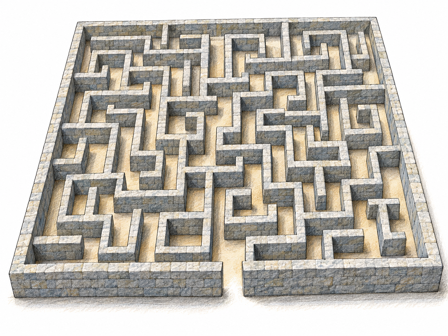 An elevated three-quarter view of a freestanding stone maze, exposing an intricate network of narrow passages, branching junctions, loops, and dead ends.