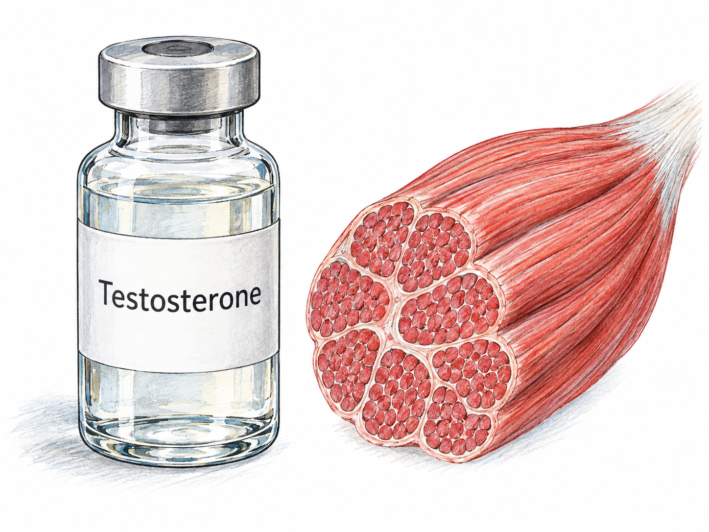 A labeled testosterone vial appears beside a skeletal-muscle sample.