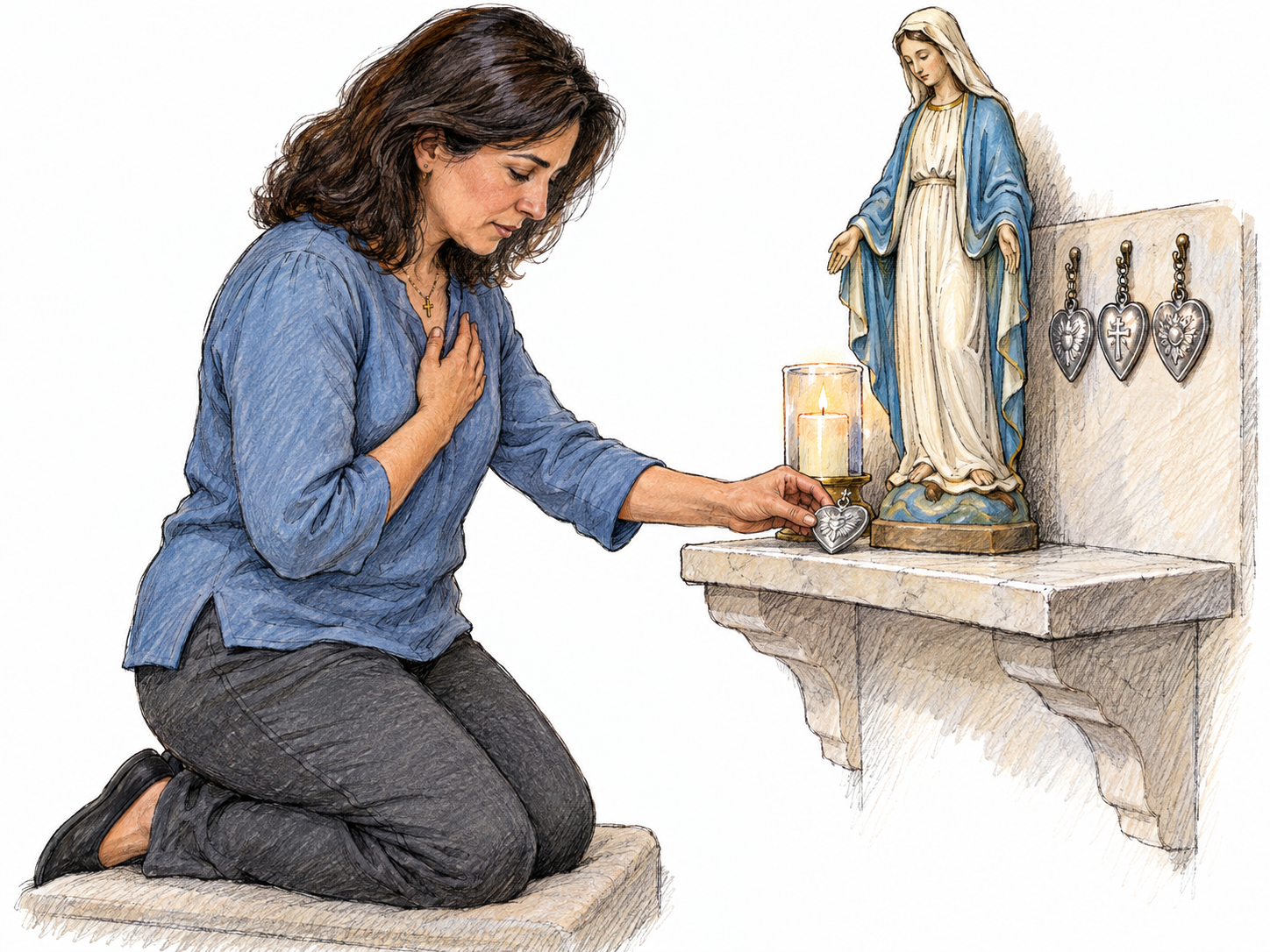 A kneeling worshipper offers a small heart-shaped metal devotional token at a Marian shrine, with bowed head and her free hand held reverently against her chest.