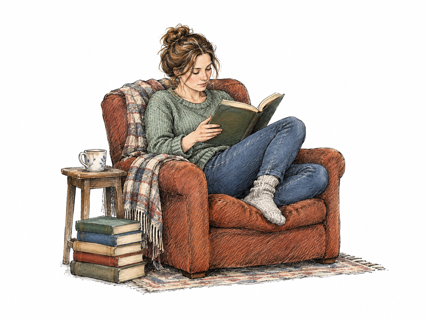 A woman reads deeply in an armchair beside stacked books and a cup.