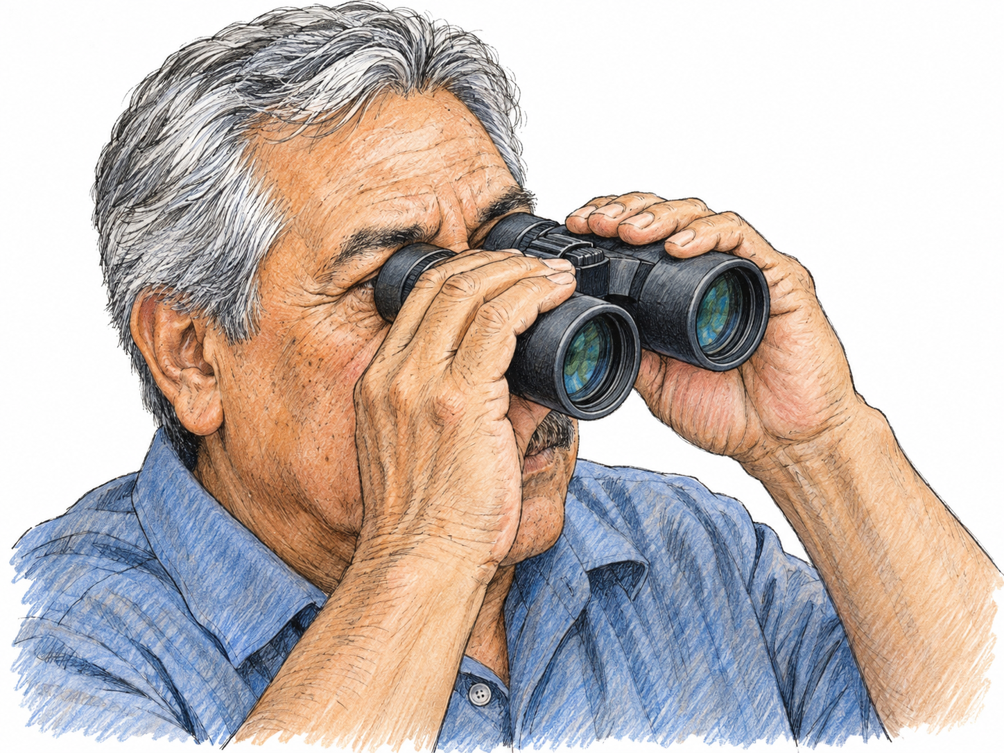 Close-up of an older man actively looking through binoculars, with one eyepiece fitted to each eye and both hands supporting the instrument, making simultaneous use of both eyes concrete.