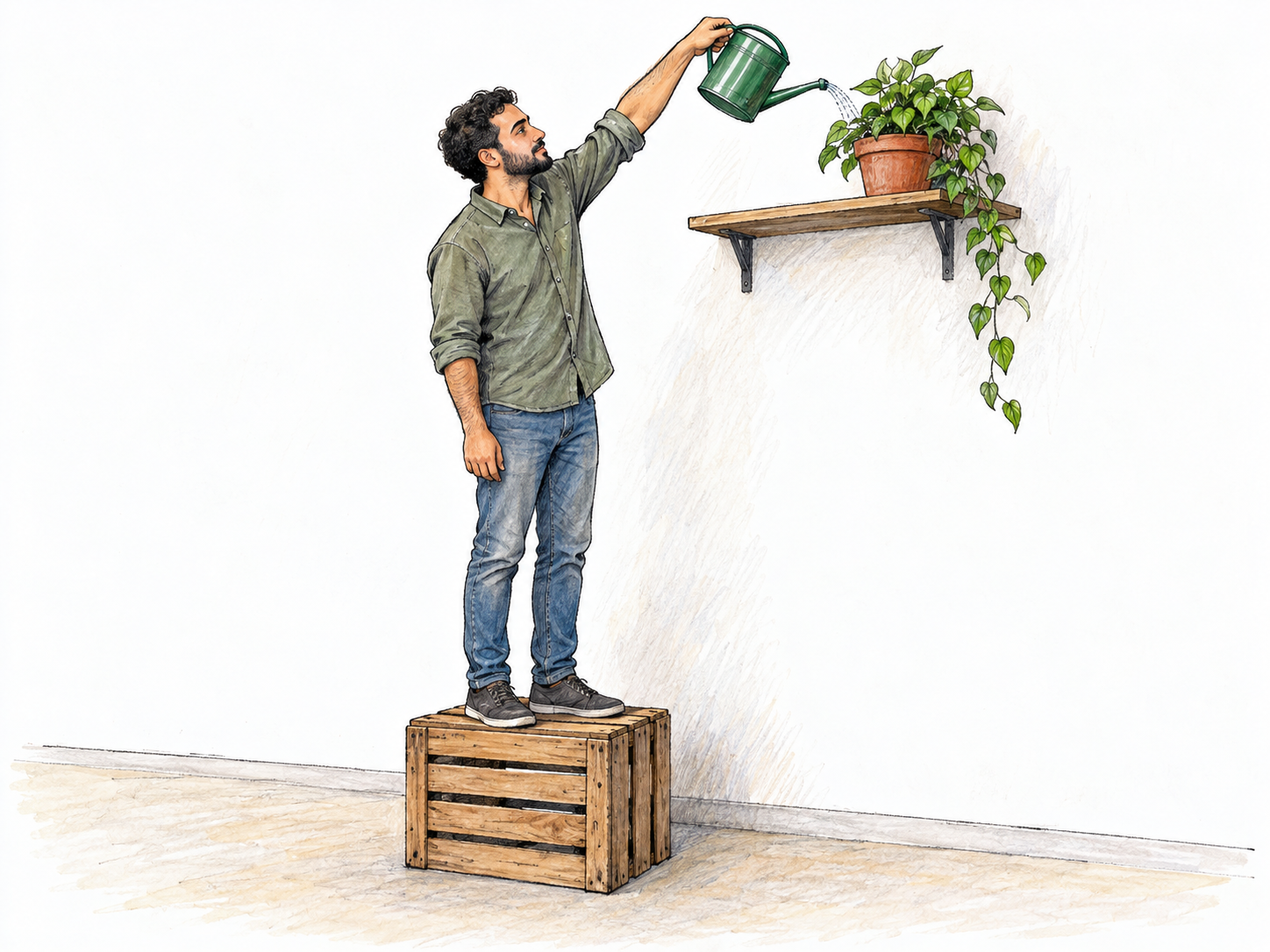A man utilizes a sturdy wooden crate as a step to reach a plant on a high shelf, making the crate's practical function immediately visible.