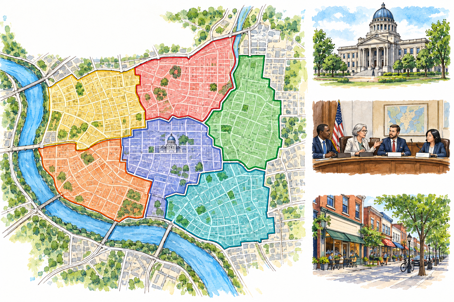 A simple city map is divided into clearly bounded colored administrative districts.