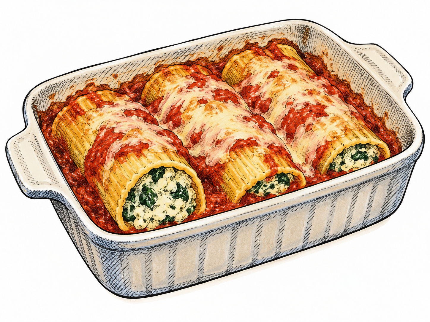 A small baked dish contains large filled pasta tubes under tomato sauce, with one clean cut end revealing filling; recognizable manicotti, no writing or steam decoration.