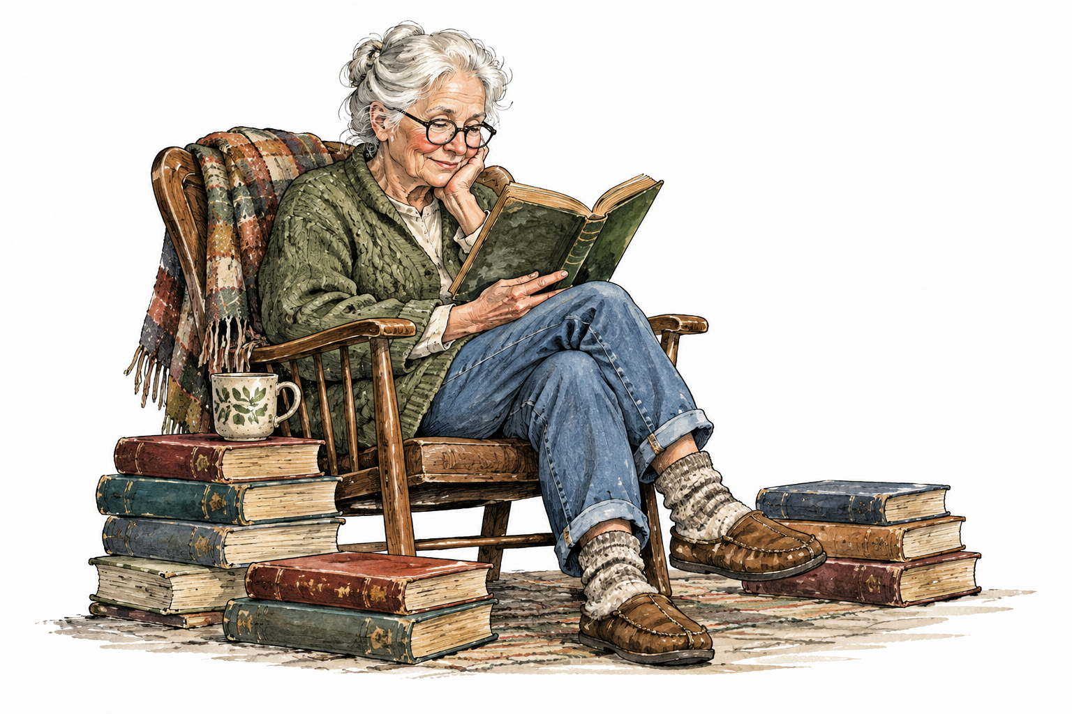 Older white habitual reader surrounded by a modest stack of well-used books.