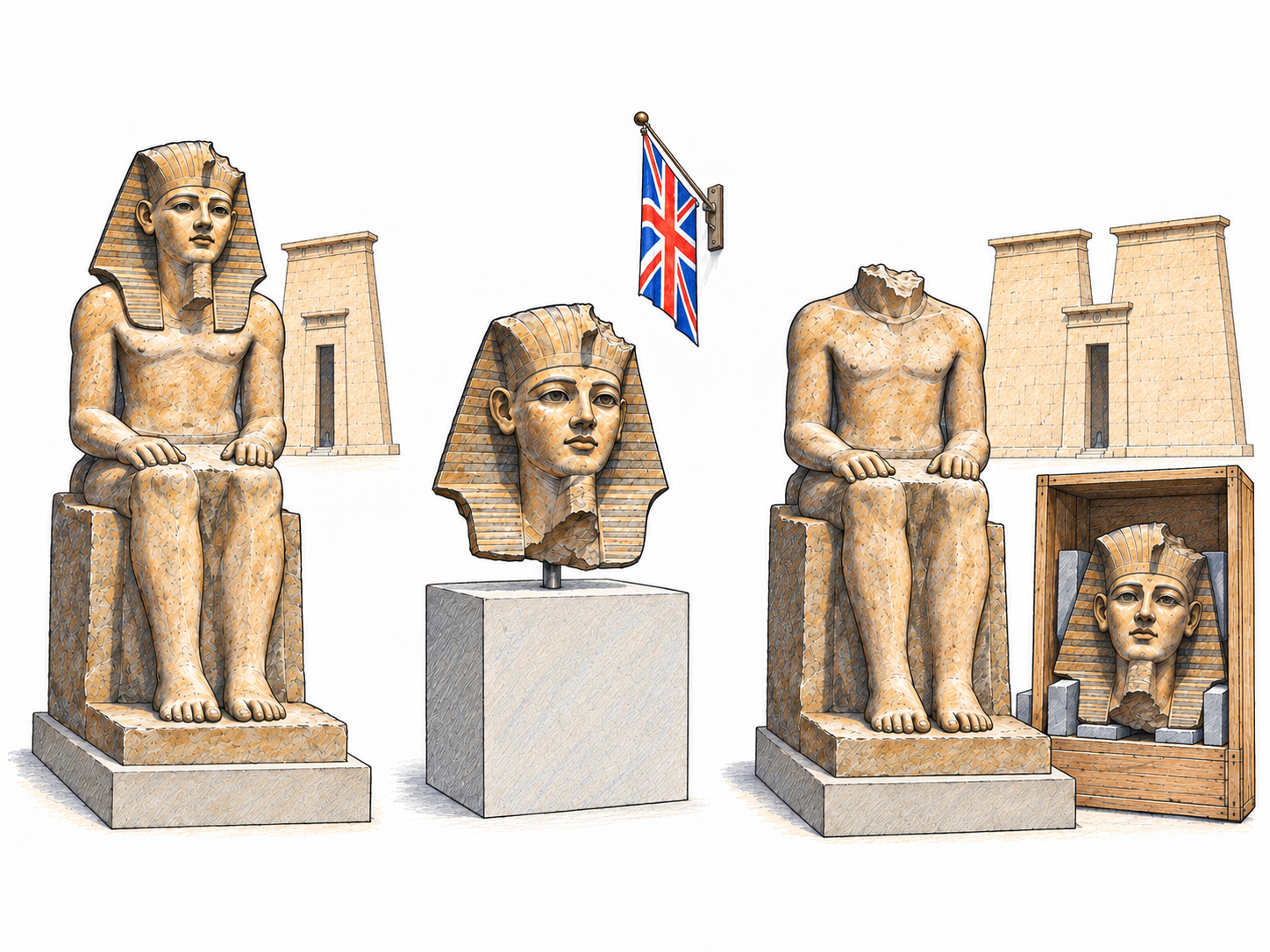 Repatriation shown as an Egyptian sculpture leaving its original setting, appearing in an overseas museum, and returning to its matching body in Egypt.