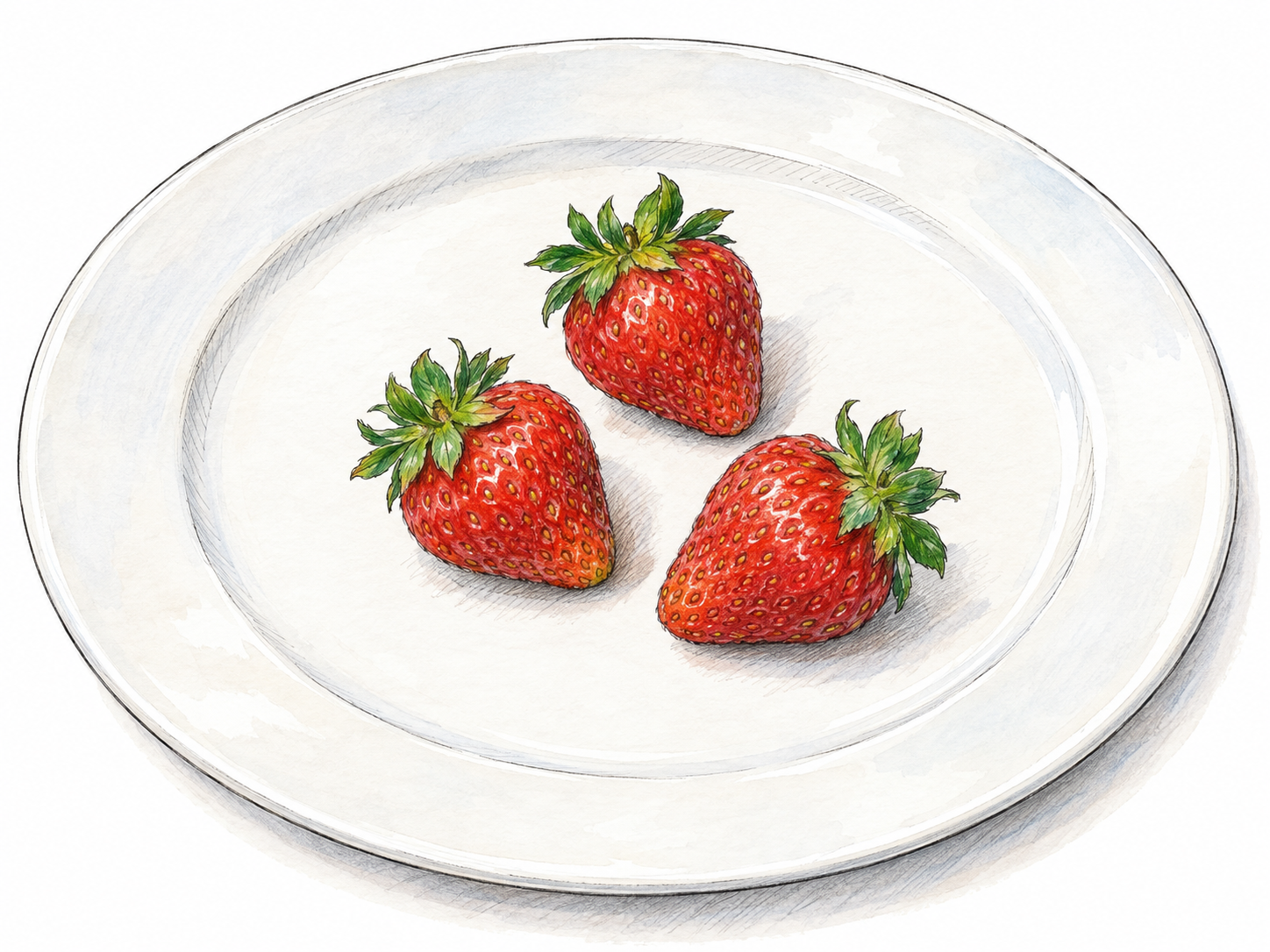 Three small strawberries lie well separated on a large, otherwise empty white plate, making the small number immediately countable.