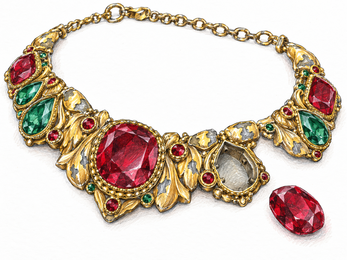 A gaudy imitation-gold necklace with oversized colorful imitation gems, visibly peeling gold-colored coating and a loose plastic gem revealing a hollow setting: impressive at first glance but cheaply made.