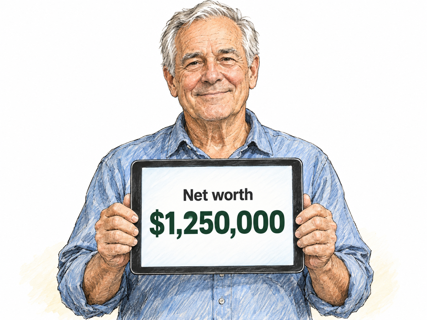 An older man holds his personal financial-summary tablet toward the viewer.