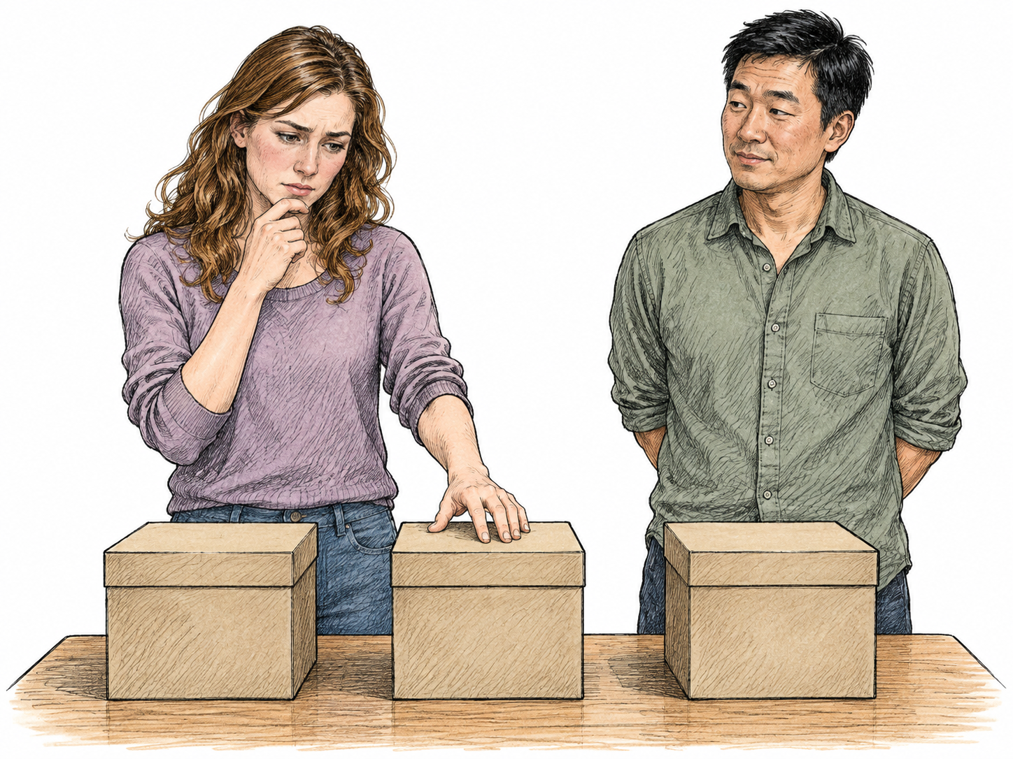 An adult hesitantly chooses one of three opaque boxes while another adult waits, showing a decision without enough information; no gambling or money.