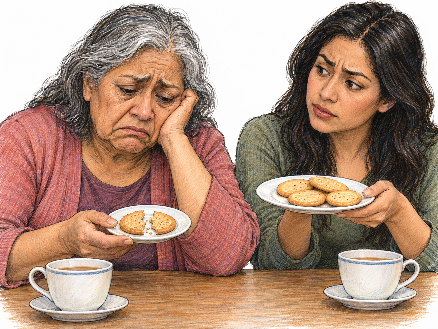 At a simple tea table, an older woman adopts an extravagantly doleful manner over a single broken biscuit, while her younger companion looks mildly puzzled.