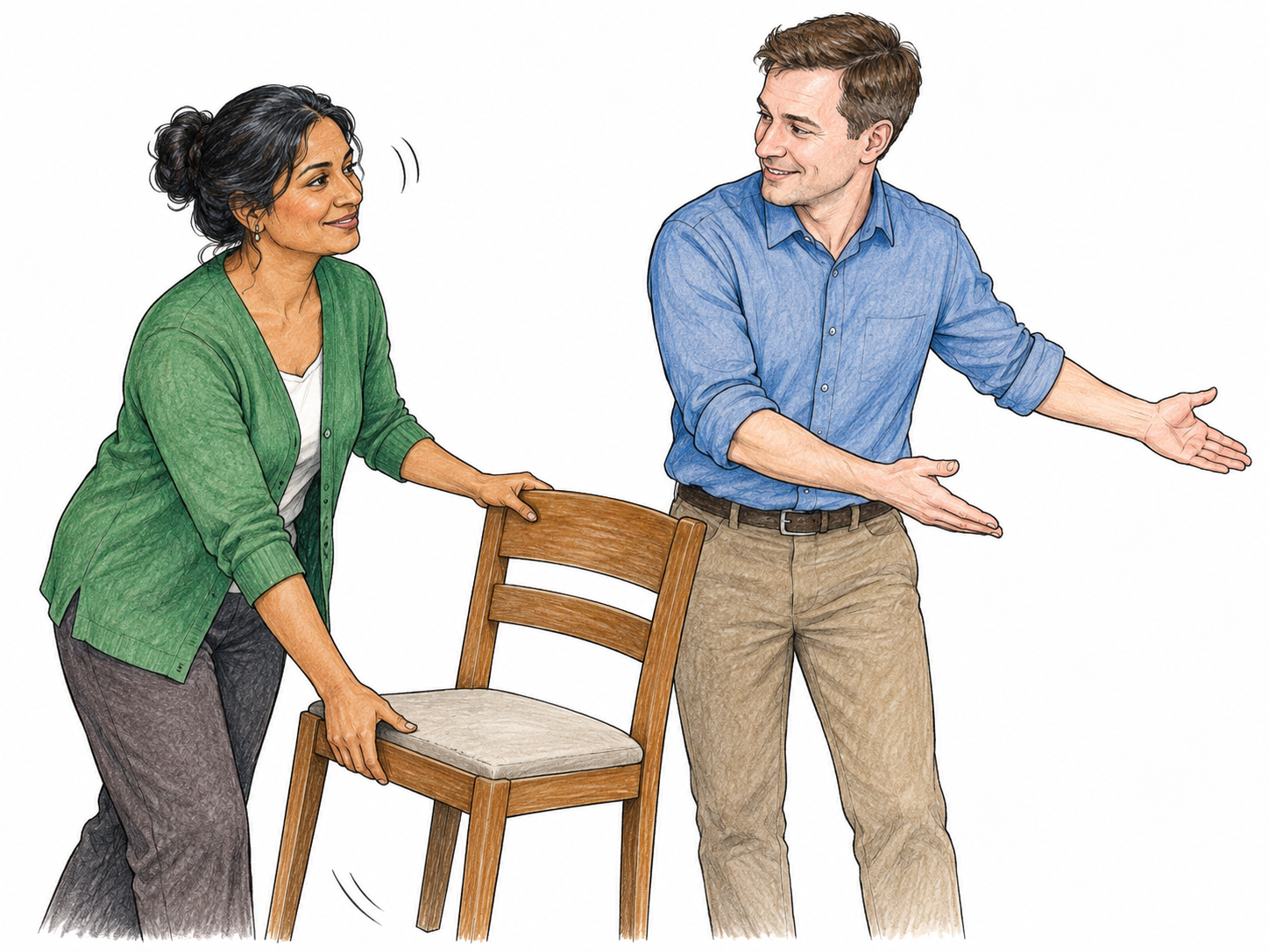 Woman calmly accepts man suggesting move chair to side, open relaxed hands and willing nod while helping slide chair, no objection or argument.