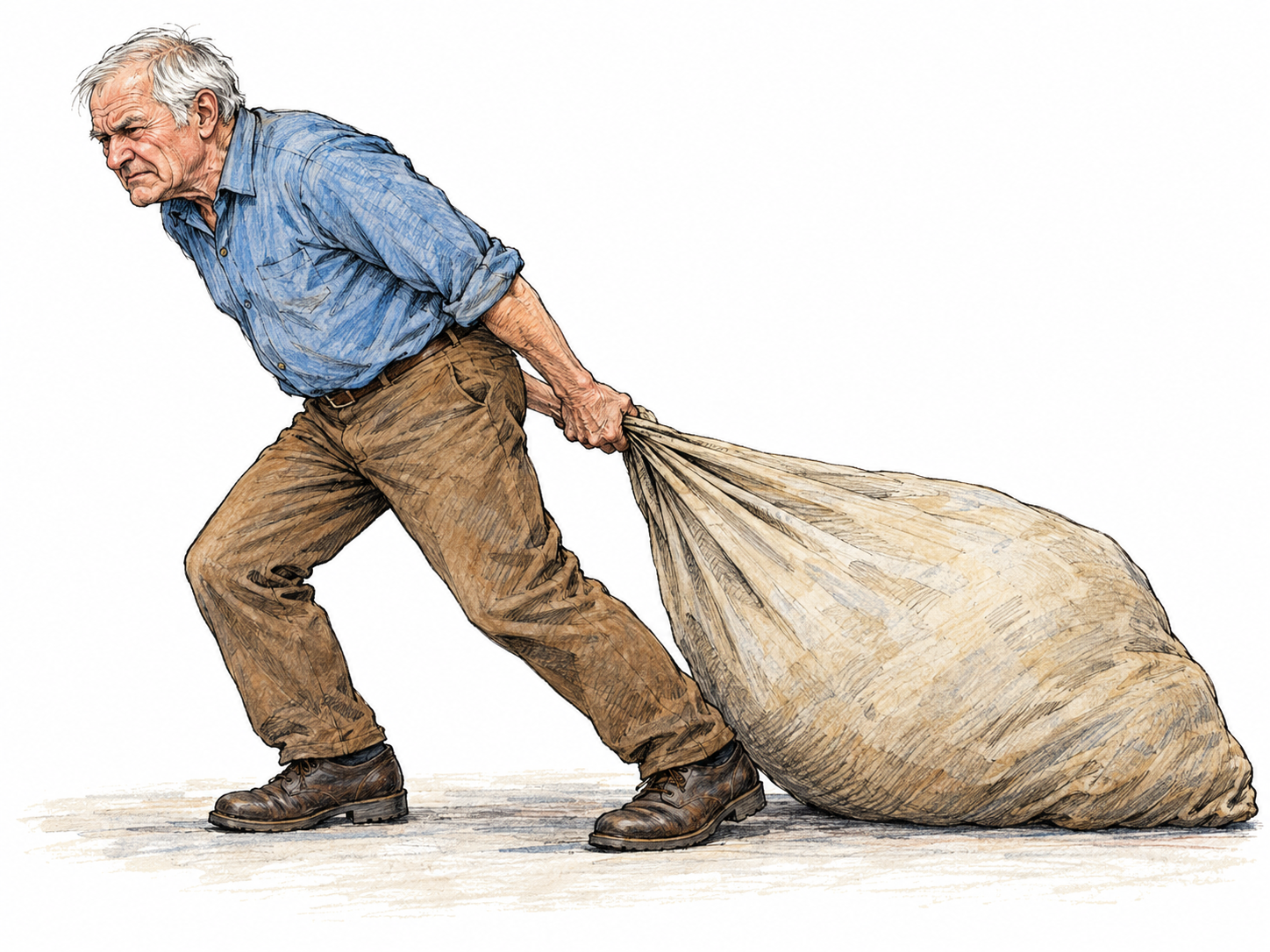 An older man strains to drag a heavy, bulging canvas sack across the floor, gripping its gathered neck with both hands while its broad bottom trails behind him.