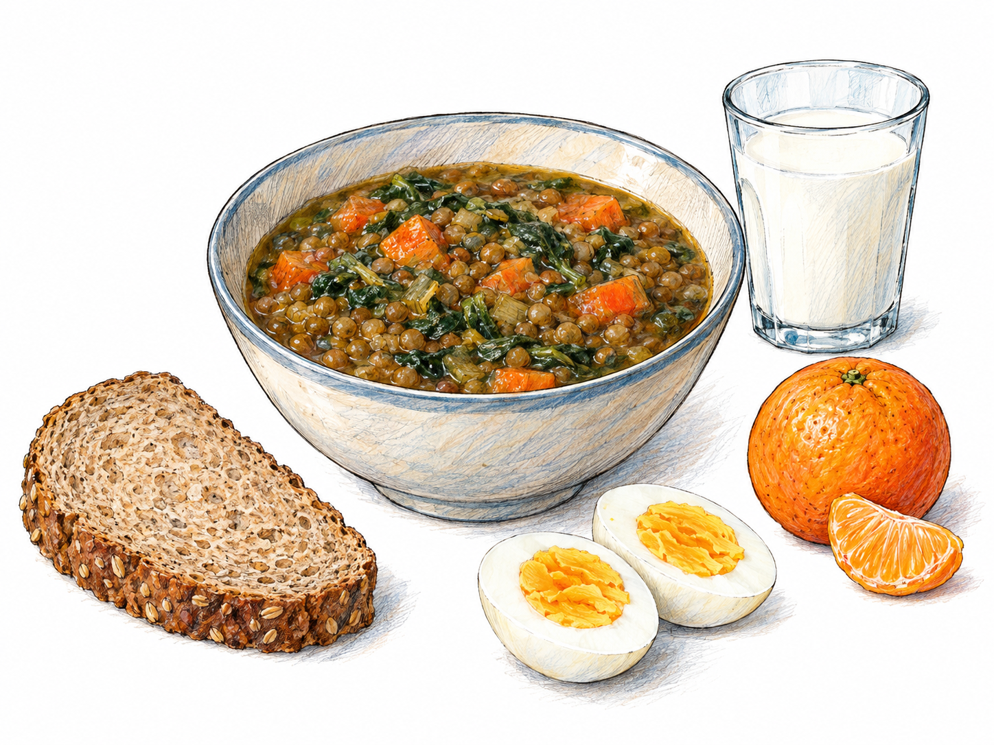 A simple, appetizing assortment of nourishing foods: a bowl of lentil-and-vegetable stew, whole-grain bread, a boiled egg cut in half, fresh fruit, and a glass of milk.