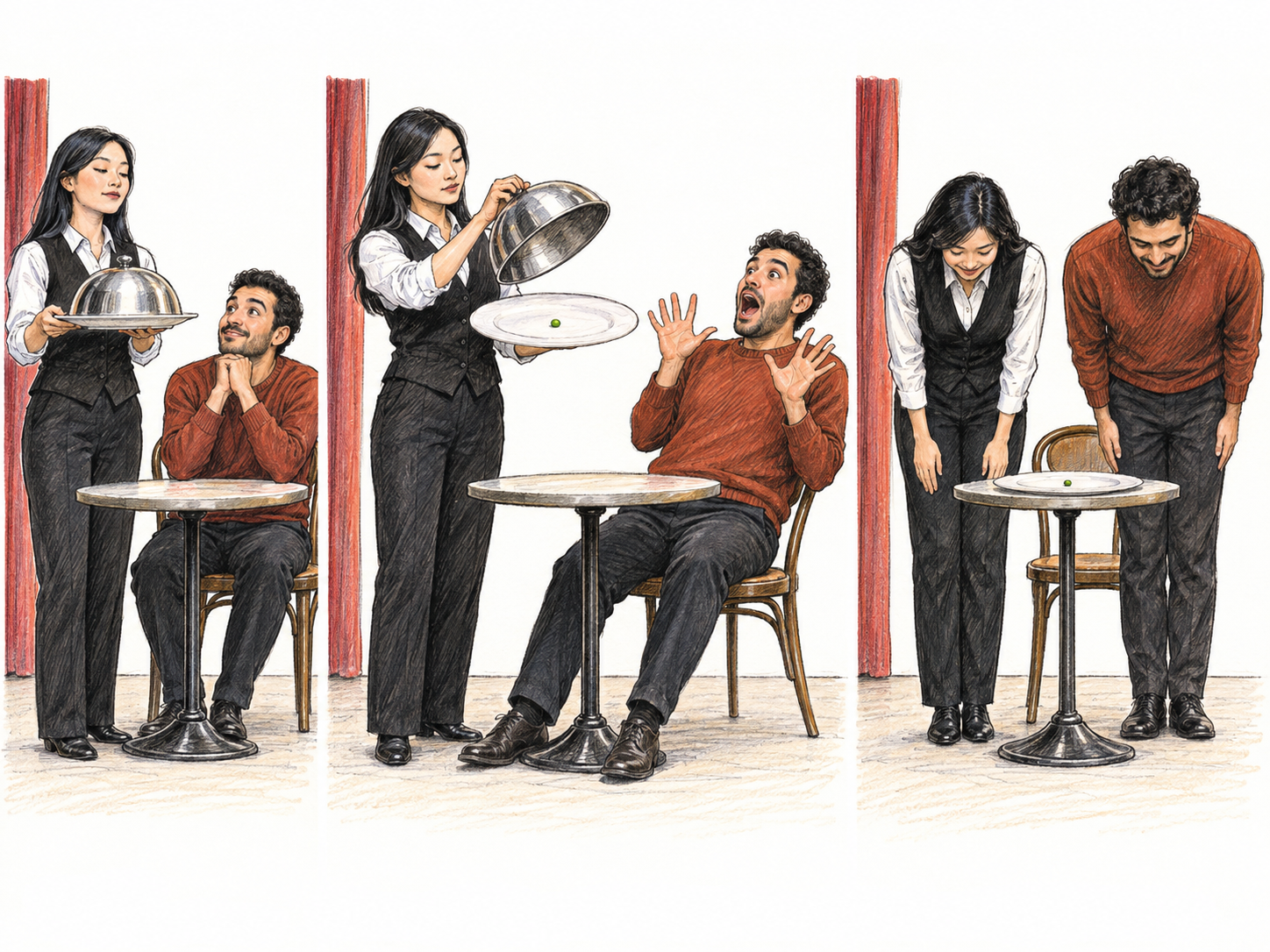 A compact three-beat comic restaurant skit: a waiter ceremoniously presents a large covered platter, reveals one tiny pea to an astonished customer, and then both actors bow.