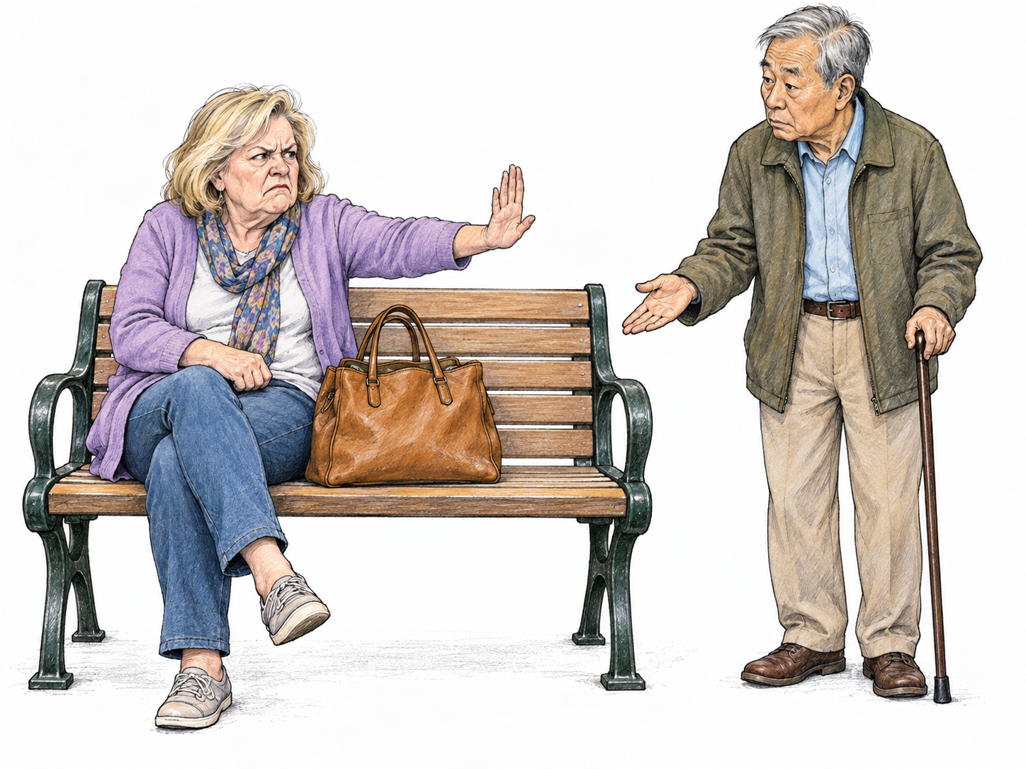 An older woman stubbornly keeps her handbag on the spare half of a bench while an older man with a walking cane gestures toward the blocked seat.
